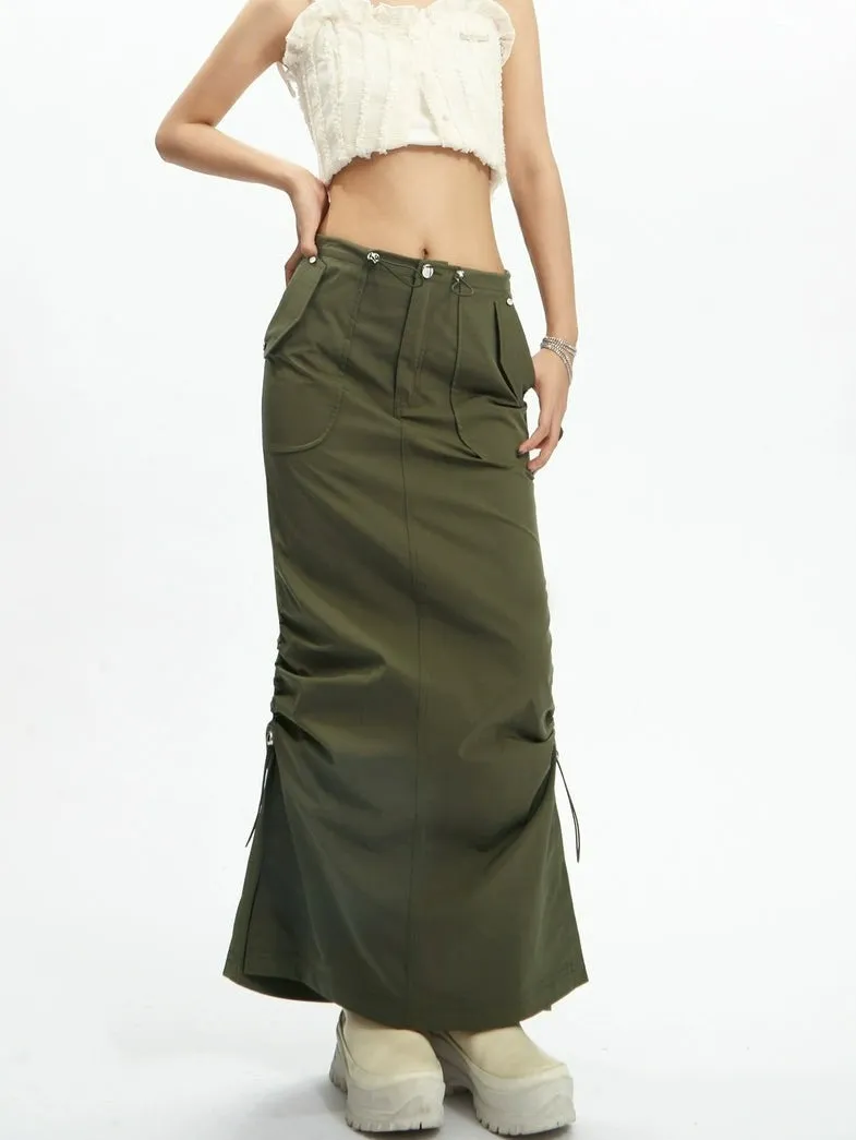 Adjustable Drawstring Midi Cargo Skirt