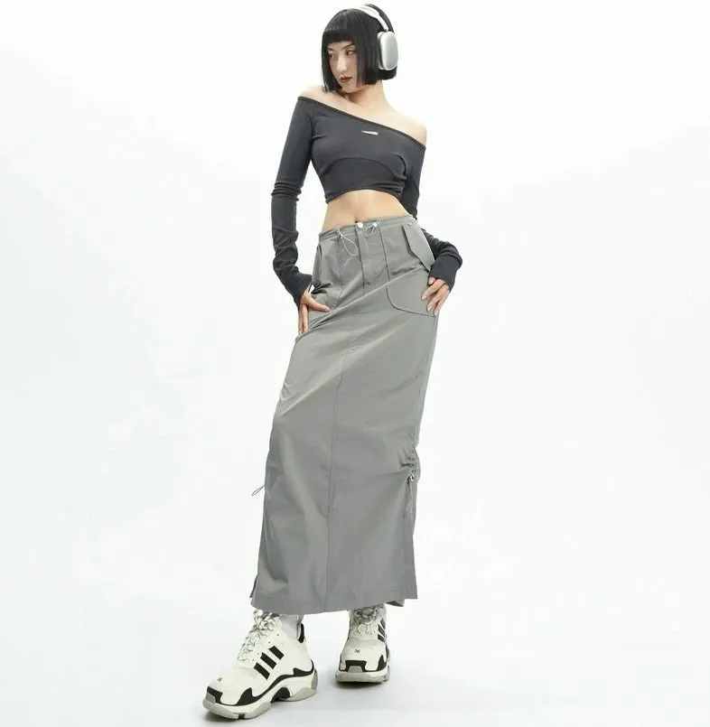 Adjustable Drawstring Midi Cargo Skirt