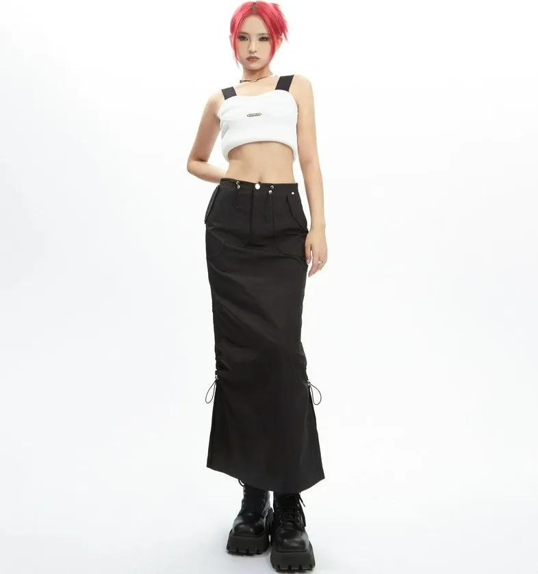 Adjustable Drawstring Midi Cargo Skirt