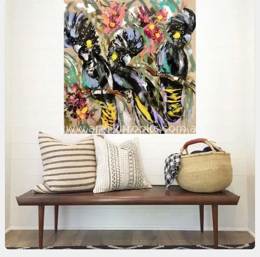 black cockatoo and flowering gum -original on Belgian linen 90x90cm