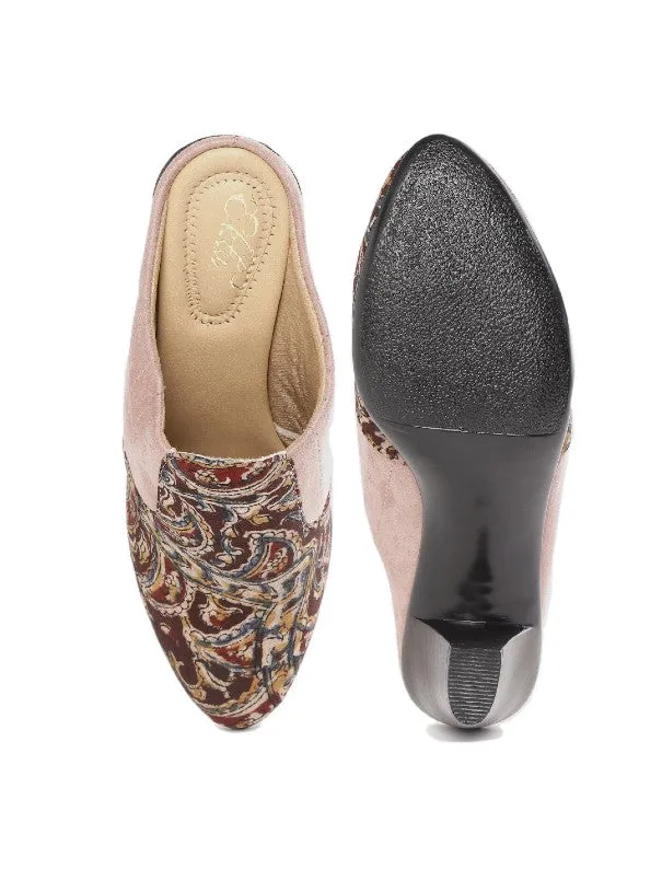 Brown & Pink Kalamkari Block Printed Handcrafted Mule Heels