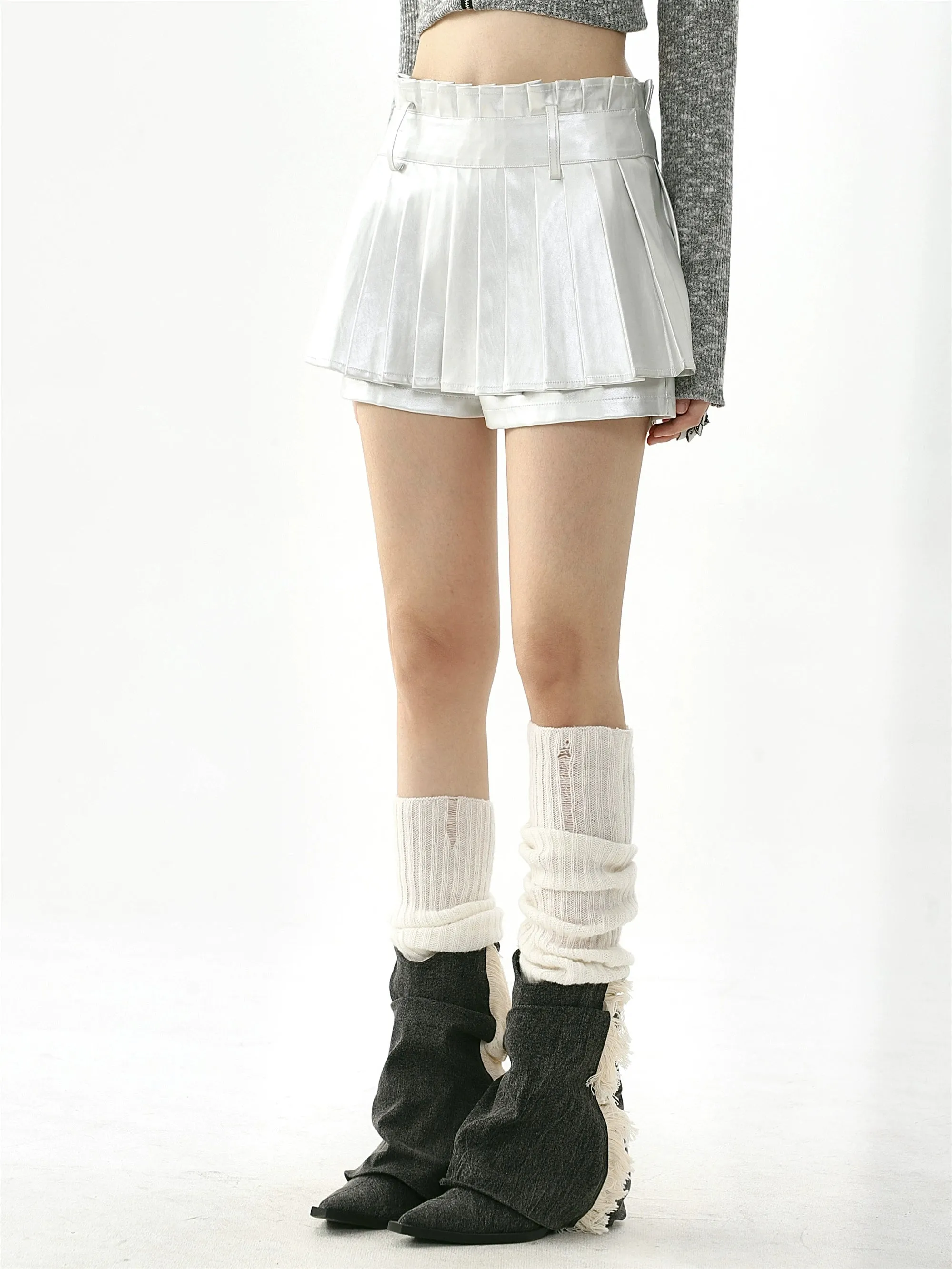 Metallic Pleated Mini Tennis Skirt with Elastic Waistband