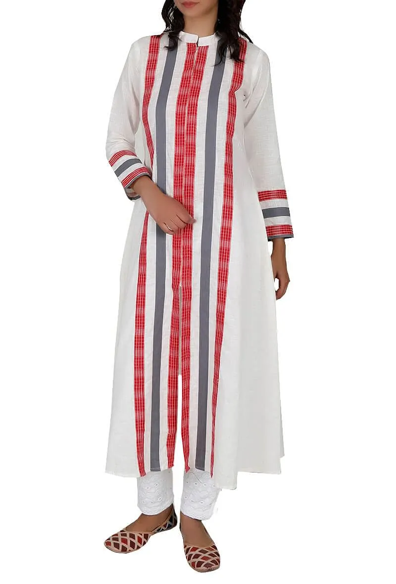 Off White Gamcha Cotton Long Kurta