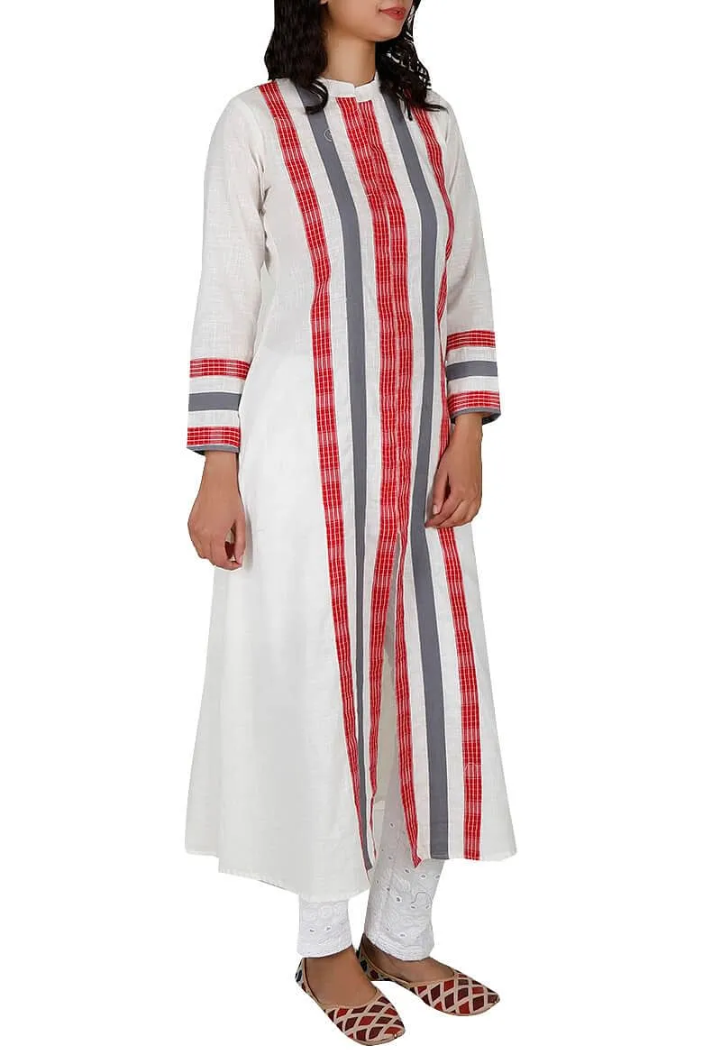 Off White Gamcha Cotton Long Kurta