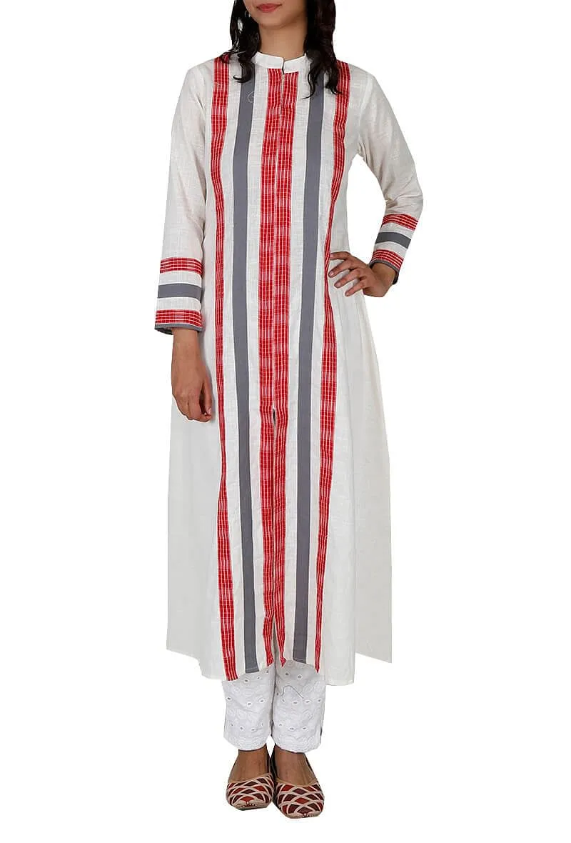 Off White Gamcha Cotton Long Kurta