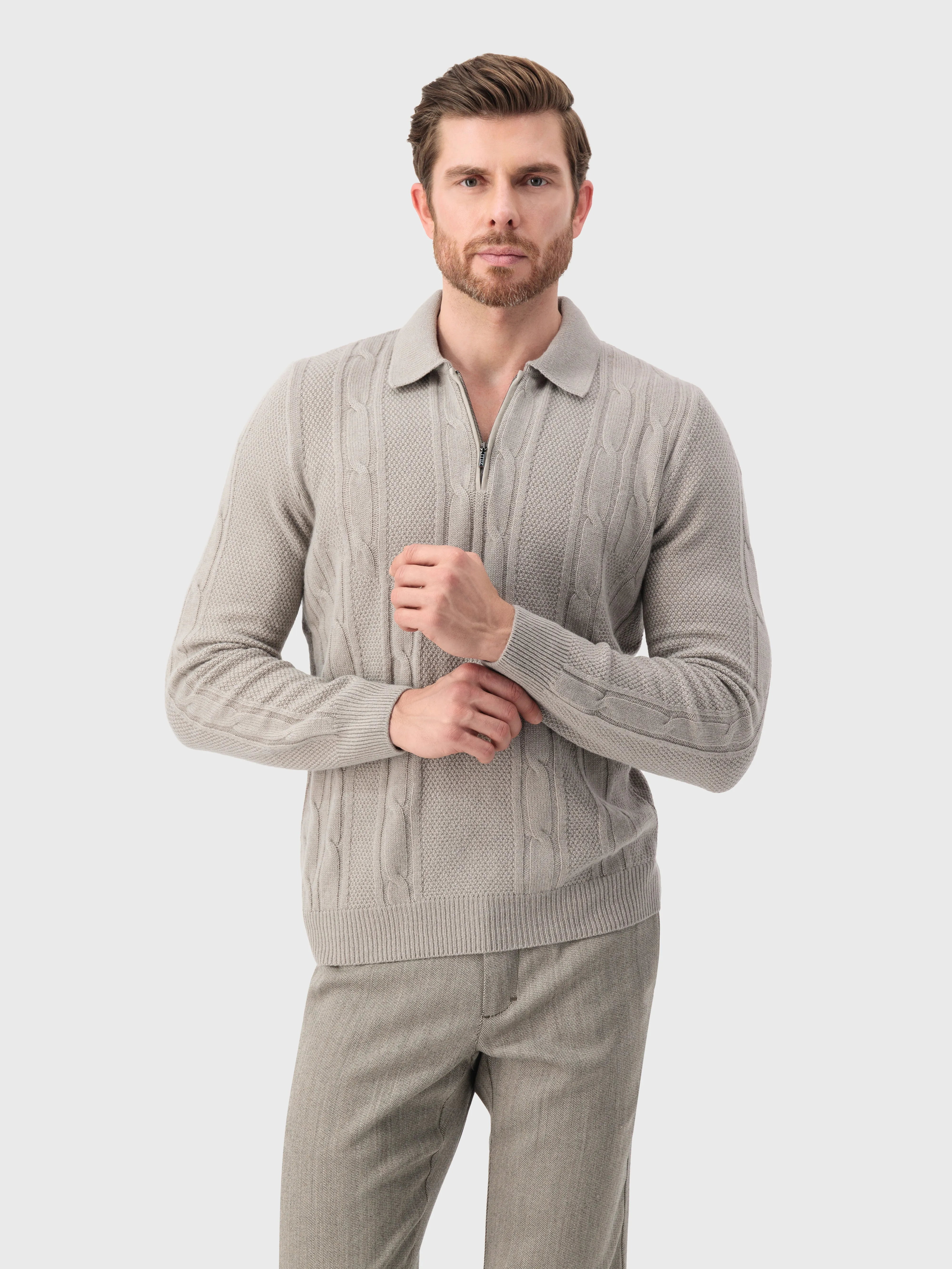 Polo with Cable Knit Pattern Stone