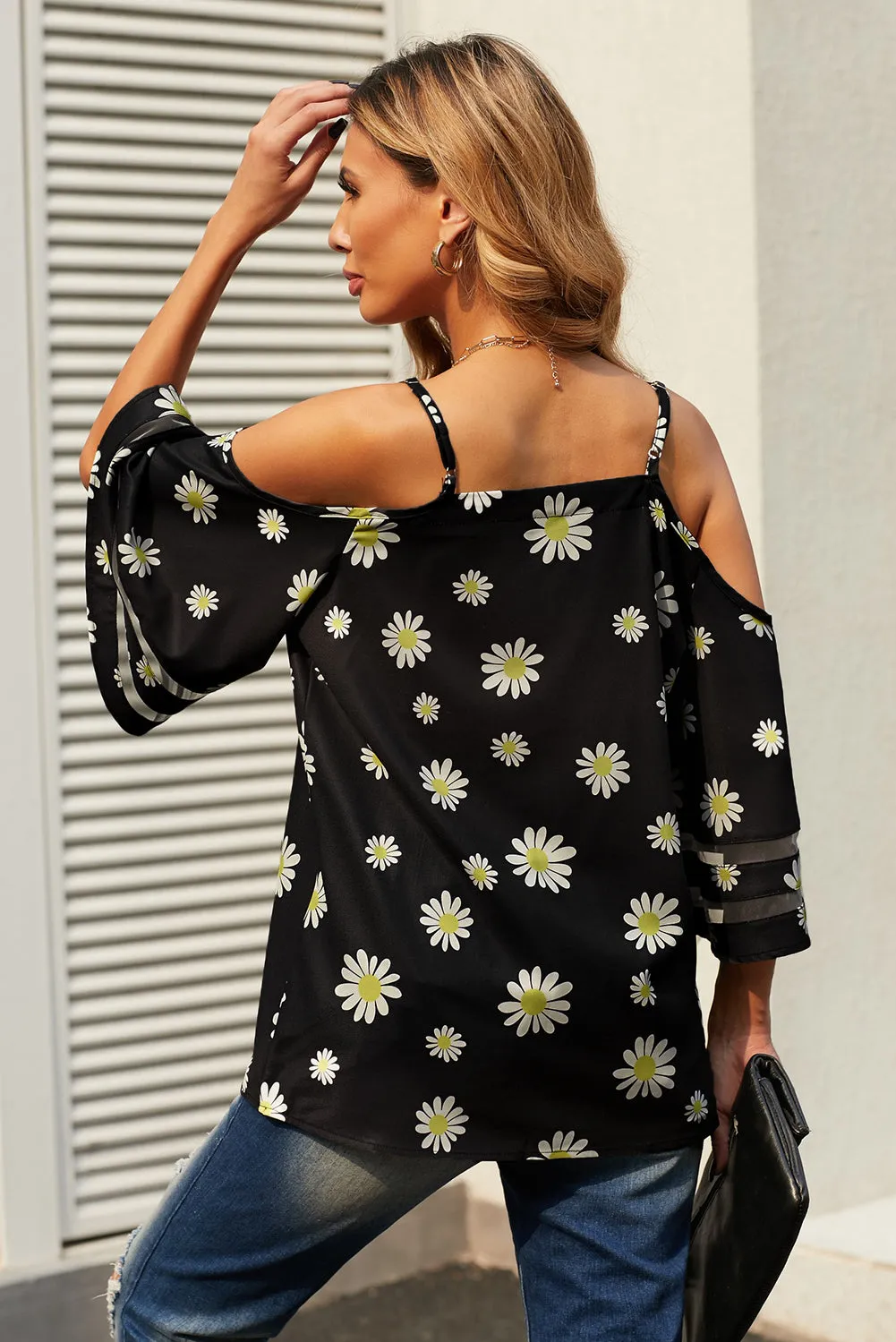 Printed Cold-Shoulder Three-Quarter Flare Sleeve Blouse - 3 styles