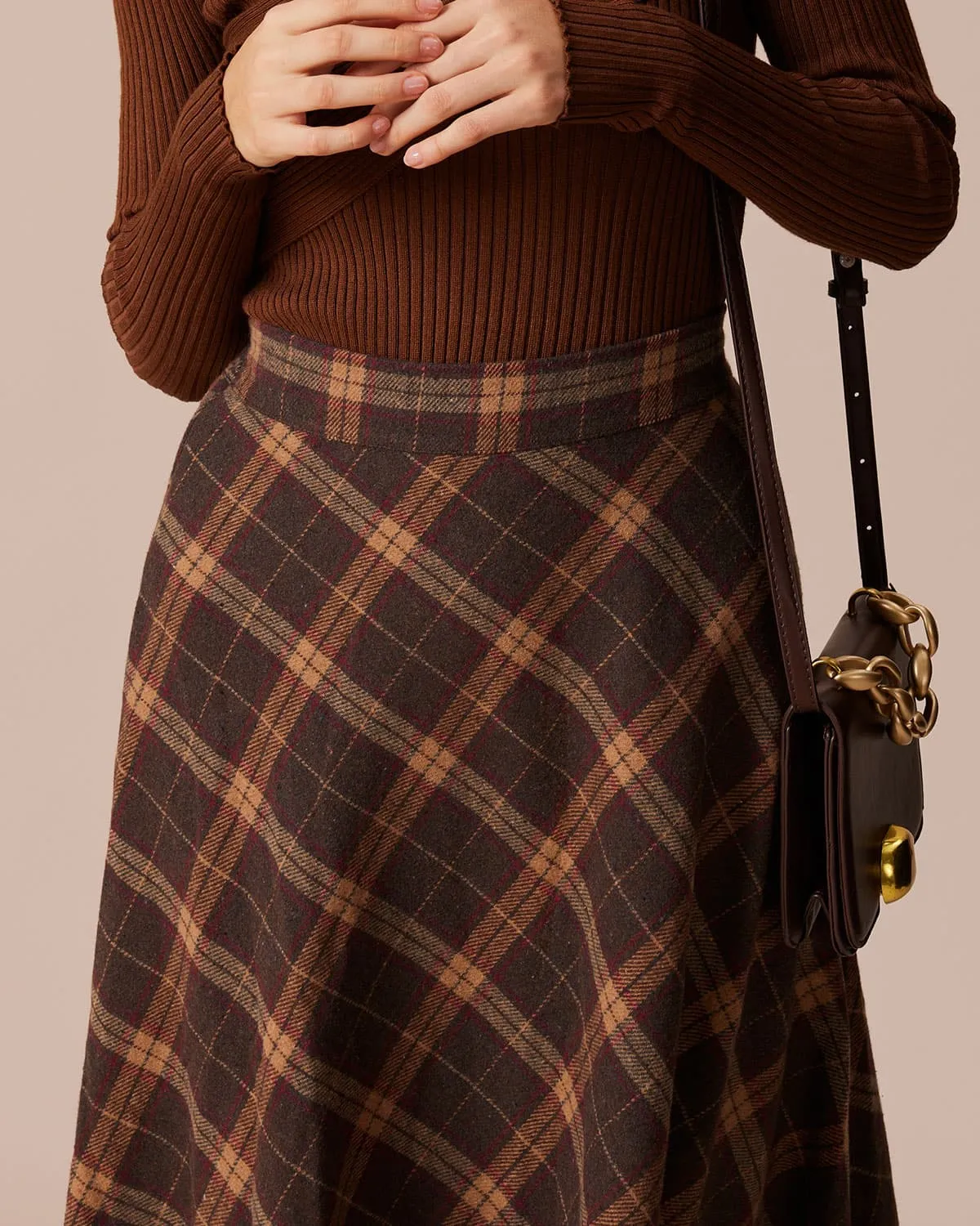 The Brown Elastic Waist Plaid A-Line Midi Skirt