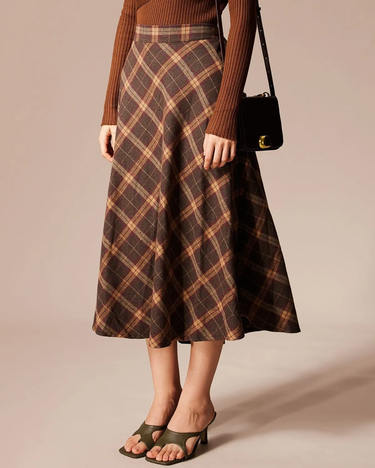 The Brown Elastic Waist Plaid A-Line Midi Skirt