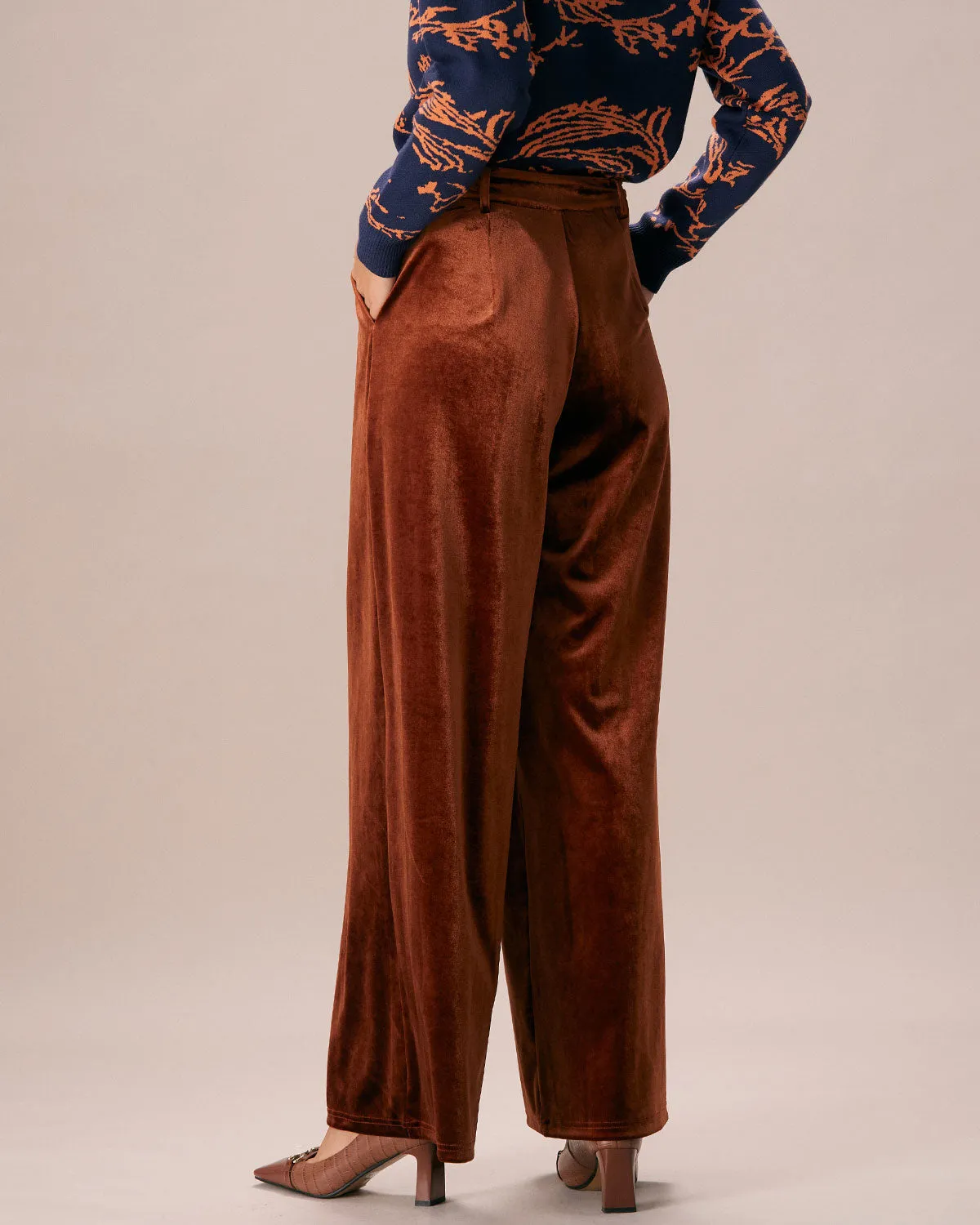 The Brown High Waisted Velvet Wide Leg Pants