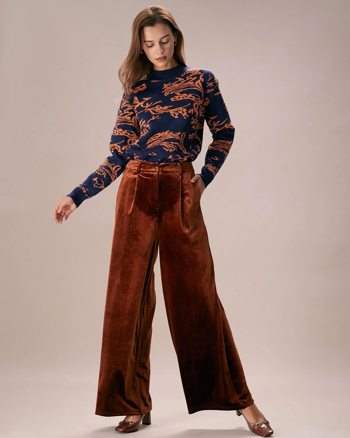 The Brown High Waisted Velvet Wide Leg Pants