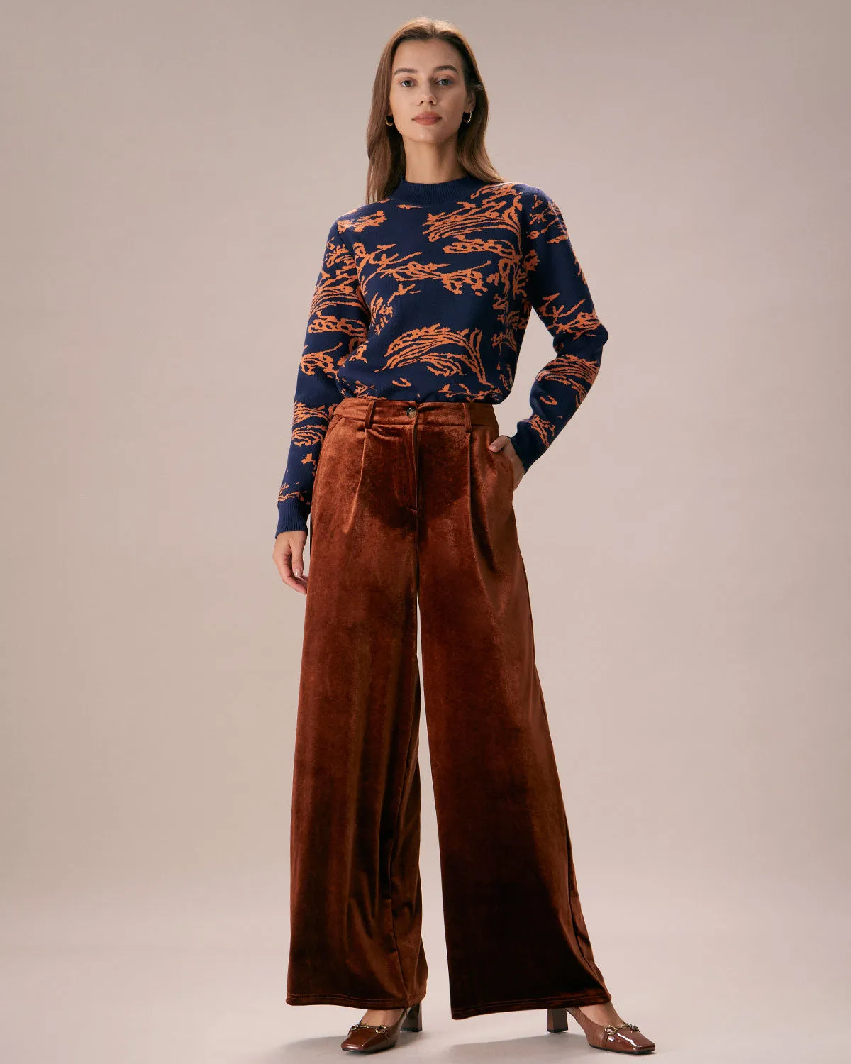 The Brown High Waisted Velvet Wide Leg Pants