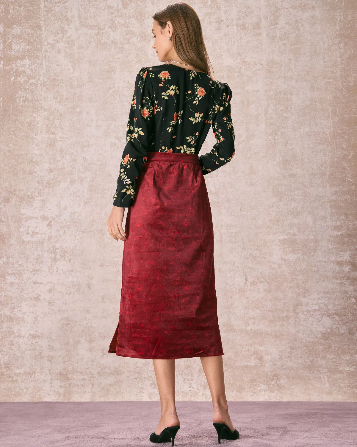 The Wine Red Split Hem Velvet Midi Skirt